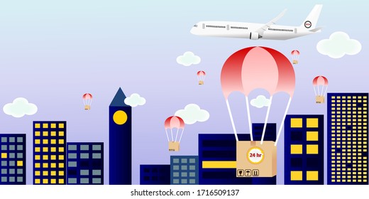 Freight by plane. Fast delivery. 24 hour service with sky and city background,Cloud,For Website or Mobile Application Vector Concept Marketing