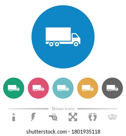 Freight car flat white icons on round color backgrounds. 6 bonus icons included.