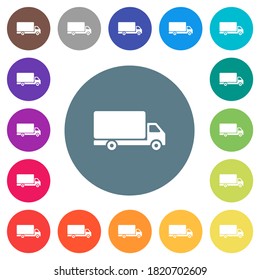 Freight car flat white icons on round color backgrounds. 17 background color variations are included.