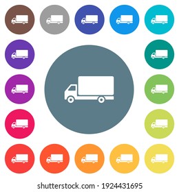 Freight car flat white icons on round color backgrounds. 17 background color variations are included.