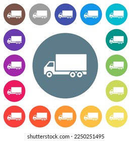 Freight car side view flat white icons on round color backgrounds. 17 background color variations are included.