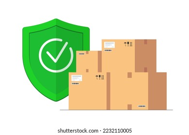 Freight cargo delivery insurance concept. Parcel package transportation protection coverage guaranty care. Cardboard boxes with logistics courier service guard shield. Safe shipping eps illustration