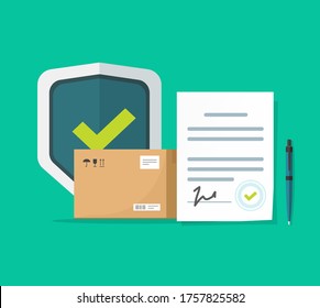 Freight cargo delivery and package transportation protection coverage guaranty care agreement or shipping insurance contract vector flat cartoon, logistics courier service guard shield concept design