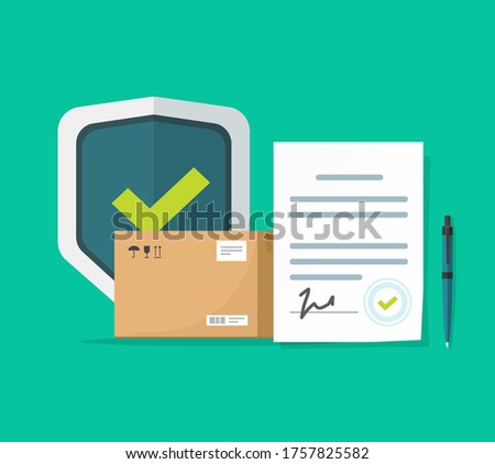 Freight cargo delivery and package transportation protection coverage guaranty care agreement or shipping insurance contract vector flat cartoon, logistics courier service guard shield concept design