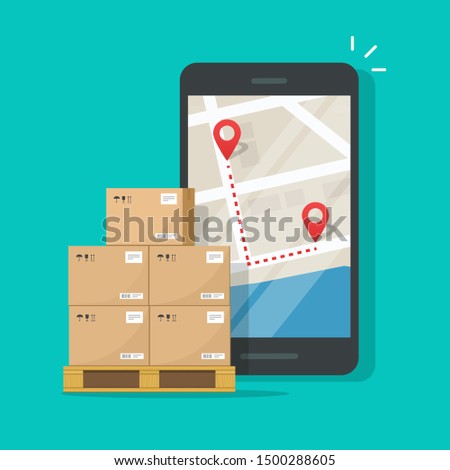 Freight or cargo delivery tracking or navigation route on mobile phone vector illustration, flat cartoon cellphone with city map position of parcel boxes packages online, smartphone with logistic gps
