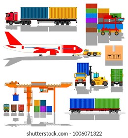 Freight cargo transport icons set in flat style. Vector, isolated on white
