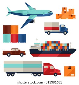 Freight cargo transport icons set in flat design style.