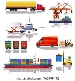 Iconos de transporte de carga de mercancías ajustados en estilo plano. Ilustración del vector, aislada en blanco
