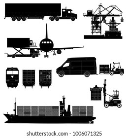 Freight cargo transport icons. Vector, isolated on white. Black and white silhouette.