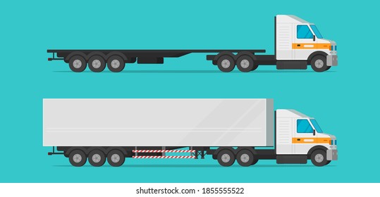 Freight cargo truck vector flat cartoon isolated, industry big long commercial lorry transport american style clipart, empty and loaded with container heavy vehicle