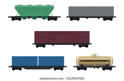 Los vagones de tren de vagones de carga para transporte industrial establecen una Ilustración vectorial realista. Transporte ferroviario de carga para el transporte de combustible de petróleo cisterna tanque ferrocarril contenedor pista de envío