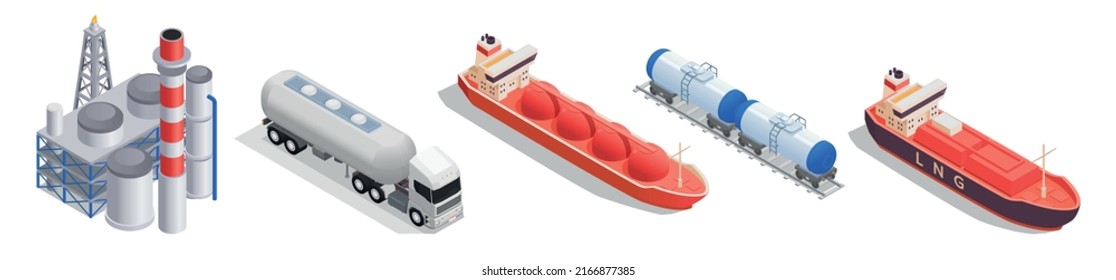 Freight commercial industrial cargo vessels and tankers isometric set for transportation LNG and LPG isolated vector illustration