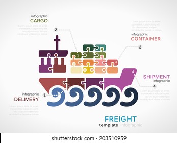 Freight concept infographic template with ship made out of puzzle pieces