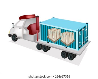 A Freight Container Trucking Wooden Crates or Cargo Boxes Protection with Steel Banding on The Back of A Flatbed Truck or Flatbed Articulated Lorry. 