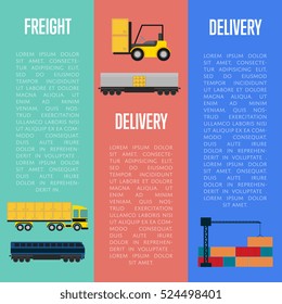 Freight and delivery flyers set isolated vector illustration. Transportation templates with cargo crane, freight container truck and forklift truck with boxes. Delivery company business concept