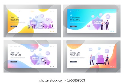 Freight Delivery Guarantee, Shipping Truck Logistics Website Landing Page Set. People Make Deal near Huge Shield Symbol. Merchandise, Cargo Insurance Web Page Banner. Cartoon Flat Vector Illustration