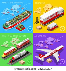 Freight Delivery Infographic. Global Trade. Logistics Transportation Vehicle 3D Isometric Vector Objects Maritime Cargo Ship Truck Van Train Air Plane Rail Vector Collection. Fast Delivery Worldwide.