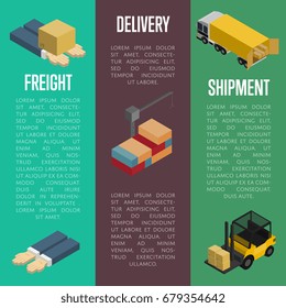 Freight delivery and shipment isometric banners vector illustration. Packing box on human hands, cargo crane, freight car, forklift truck icons. Warehouse logistics, postal service and distribution