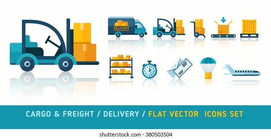 Freight delivery transportation and logistic flat icons set vector illustration. Isolated on white background. Delivery service transport.