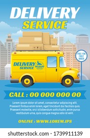 Freight delivery. Yellow minivan rides with parcel boxes at the top. Fast delivery service in the city and country. Background with cityscape and place for text. Vector illustration.