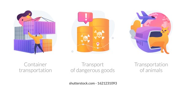 Distribución de flete. Envío de carga peligrosa. Transporte de contenedores, transporte de mercancías peligrosas, transporte de metáforas animales. Ilustraciones de metáforas conceptuales aisladas por vectores.