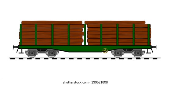 Freight flat car loaded with wood trunks