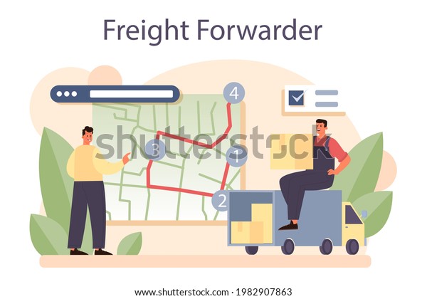 Freight forwarder concept. Loader in\
uniform delivering a cargo. Delivery man holding box.\
Transportation service concept. Isolated flat illustration\
vector