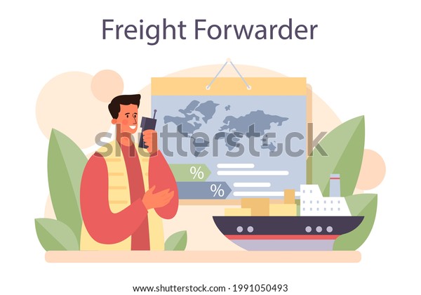 Freight forwarder concept. Loader in\
uniform delivering a cargo. Delivery man holding box.\
Transportation service concept. Isolated flat illustration\
vector