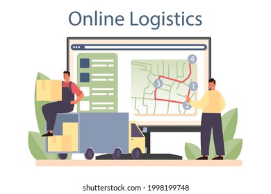 Freight forwarder online service or platform. Loader in uniform delivering a cargo. Transportation service. Online logistics. Isolated flat illustration vector