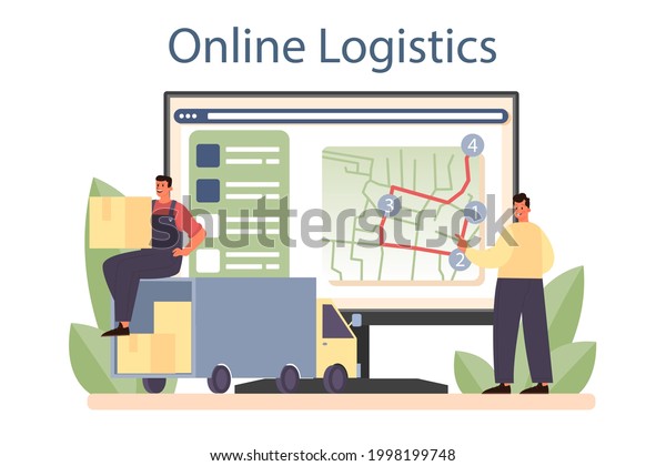 Freight forwarder online service or\
platform. Loader in uniform delivering a cargo. Transportation\
service. Online logistics. Isolated flat illustration\
vector