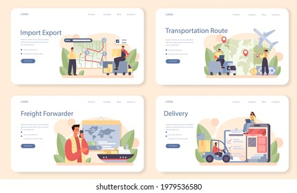 Freight forwarder web banner or landing page set. Loader in uniform delivering a cargo. Delivery man holding box. Transportation service concept. Isolated flat illustration vector