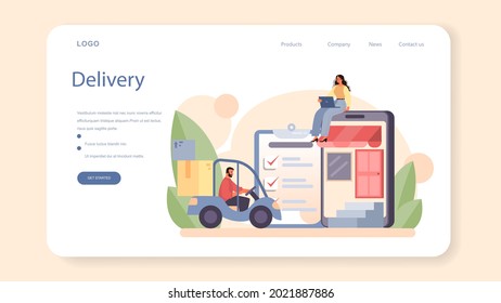 Freight forwarder web banner or landing page. Loader in uniform delivering a cargo. Delivery man holding box. Transportation service concept. Isolated flat illustration vector