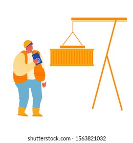 Reenviador de carga trabajando en el puerto de terminal de contenedores. Ingeniero de trabajo masculino con contenedores de carga de control Walkie Talkie en el puerto aislado de fondo blanco. Ilustración de vectores planos de dibujos animados