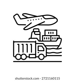 Icono de la nave y del avión del camión del contenedor de la carga para el estilo de la línea logística multimodal aislado fondo blanco