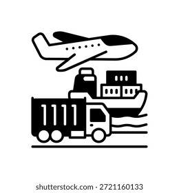 Icono de avión de camión de contenedores de carga Estilo negro sólido Aislado Fondo blanco