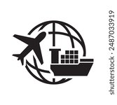 freight forwarding icon plane ship world outline black design