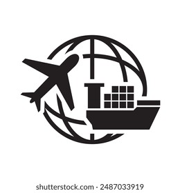 freight forwarding icon plane ship world outline black design