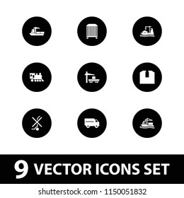 Freight icon. collection of 9 freight filled icons such as locomotive, cargo ship, shipping truck, no standing nearby. editable freight icons for web and mobile.