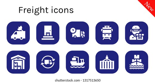 freight icon set. 10 filled freight icons.  Collection Of - Van, Delivery, Truck, Train, Delivery truck, Cargo ship, Container, Ship