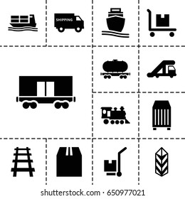 Freight icon. set of 13 filled freighticons such as truck crane, cargo, cargo on cart, locomotive, railway