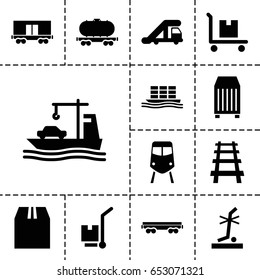 Freight icon. set of 13 filled freighticons such as train, truck crane, no standing nearby, cargo on cart, cargo container