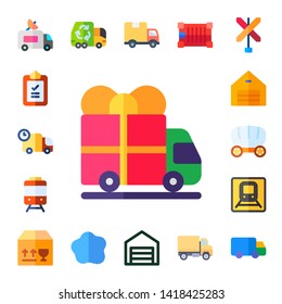 freight icon set. 17 flat freight icons.  Simple modern icons about  - van, delivery, truck, train, warehouse, wagon, garbage truck, custom, delivery truck, container, trucking