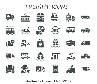 freight icon set. 30 filled freight icons.  Collection Of - Delivery truck, Container, Fast delivery, Forklift, Cargo truck, Van, Ship, Transportation, Truck, Delivery, Cargo ship