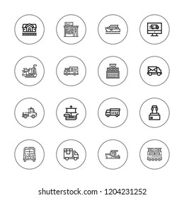 Freight icon set. collection of 16 outline freight icons with cargo ship, container, delivery truck, delivery, garbage truck, ship, train station, train, vessel icons.