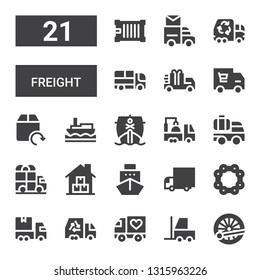 freight icon set. Collection of 21 filled freight icons included Train, Forklift, Truck, Delivery truck, Chain, Ship, Warehouse, Delivery, Garbage truck, Mail Container