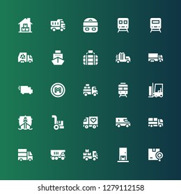 freight icon set. Collection of 25 filled freight icons included Shipping, Delivery, Delivery truck, Truck, Cargo, Ship, Forklift, Train, Van, Metro, Transport, Warehouse