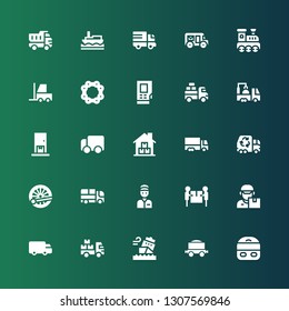 freight icon set. Collection of 25 filled freight icons included Train, Freight, Ship, Delivery truck, Shipping, Delivery man, Delivery, Truck, Garbage truck, Warehouse, Van, Densitometer