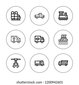Freight icon set. collection of 9 outline freight icons with delivery truck, garbage truck, harbor crane, pick up, ship, train icons. editable icons.