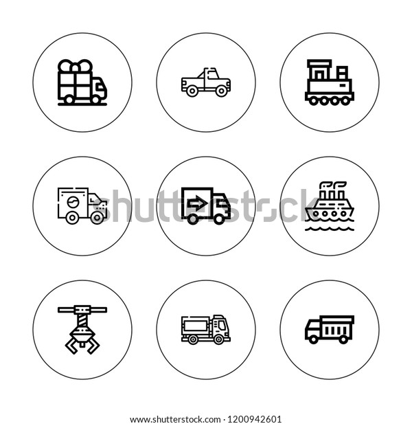 Freight icon set. collection of 9 outline\
freight icons with delivery truck, garbage truck, harbor crane,\
pick up, ship, train icons. editable\
icons.