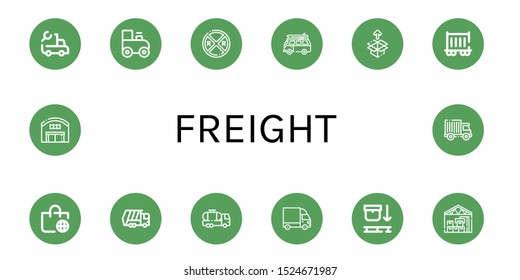 freight icon set. Collection of Truck, Toy train, Railroad crossing, Van, Unboxing, Railway carriage, Worldwide shipping, Garbage truck, Tank truck, Cargo Use pallet icons